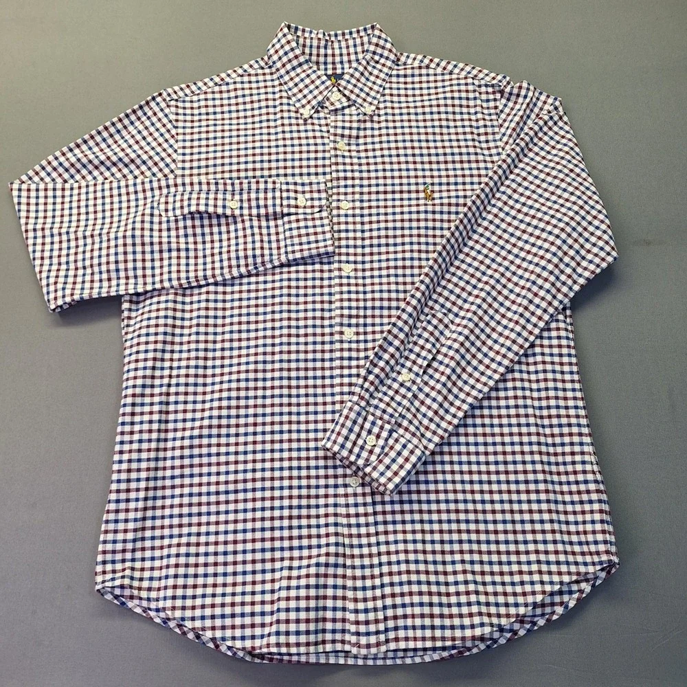 Polo Ralph Lauren Mens Gingham Check Button Down Shirt Blue Burgundy Medium